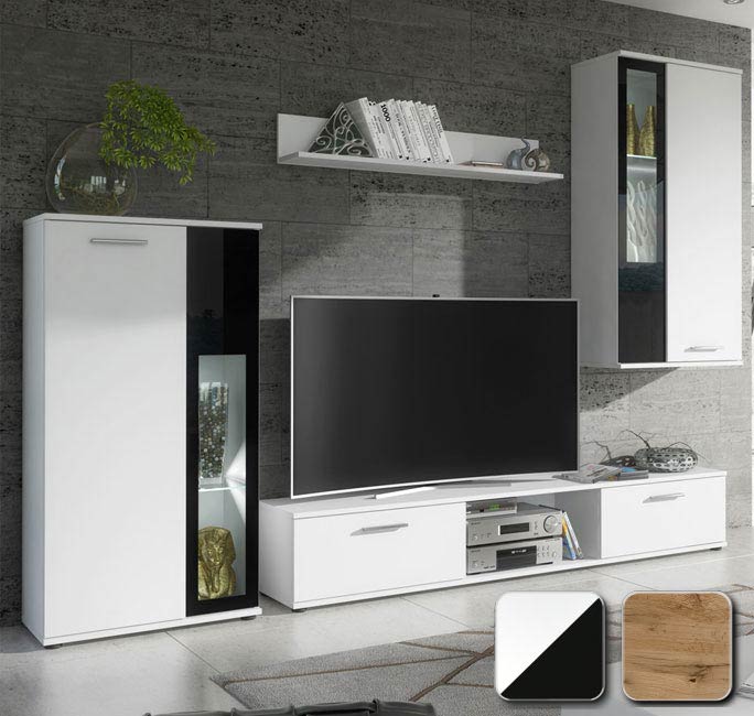 Mueble de salón Aristo blanco mate y cristal negro (2,35m)