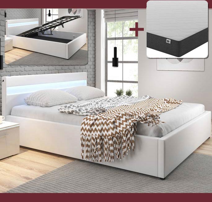 Cama de matrimonio con colchón Ades en color blanco