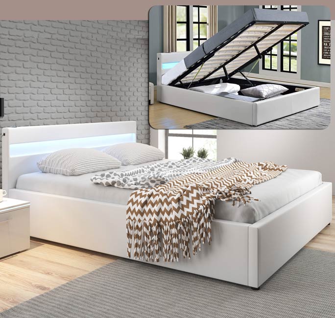 Cama de matrimonio canapé con música (subwoofer) Bahia en color blanco