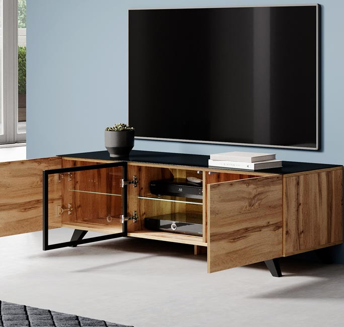 Mueble bajo de Tv color roble con patas negra
