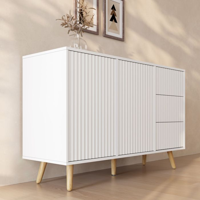 Aparador Acanalado Renzo L de 2 Puertas y Cajonera - Blanco