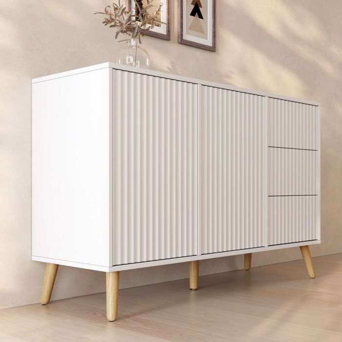 Aparador Acanalado Renzo L de 2 Puertas y Cajonera - Blanco