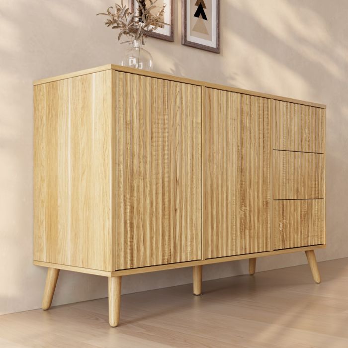 Aparador Acanalado Renzo L de 2 Puertas y Cajonera - Roble Alba