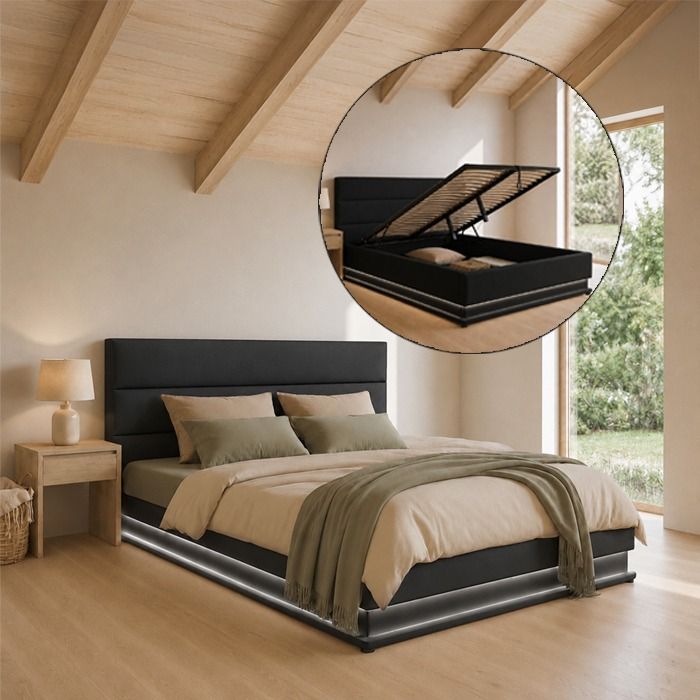 Cama de matrimonio con canapé Nitas en color negro (180x200cm)
