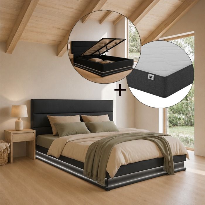 Cama de matrimonio canapé Nitas en color negro con colchón (160x200cm)