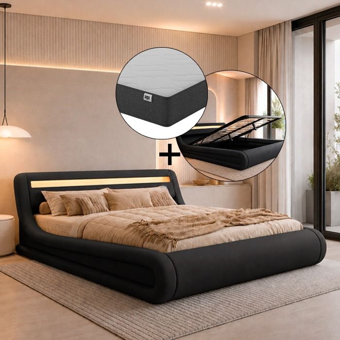 Cama de matrimonio con canapé Rodas en color negro con colchón (150x190cm)