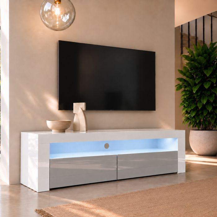Mueble TV modelo Aker (140x50,5cm) color blanco y gris