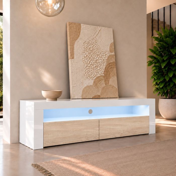 Mueble TV modelo Aker (140x50,5cm) color blanco y sonoma