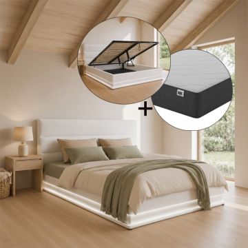 Cama de matrimonio canapé Nitas en color blanco con colchón (160x200cm)
