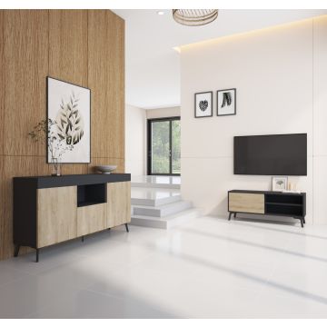 Conjunto de muebles Kai aparador y mueble TV negro y sonoma mate 