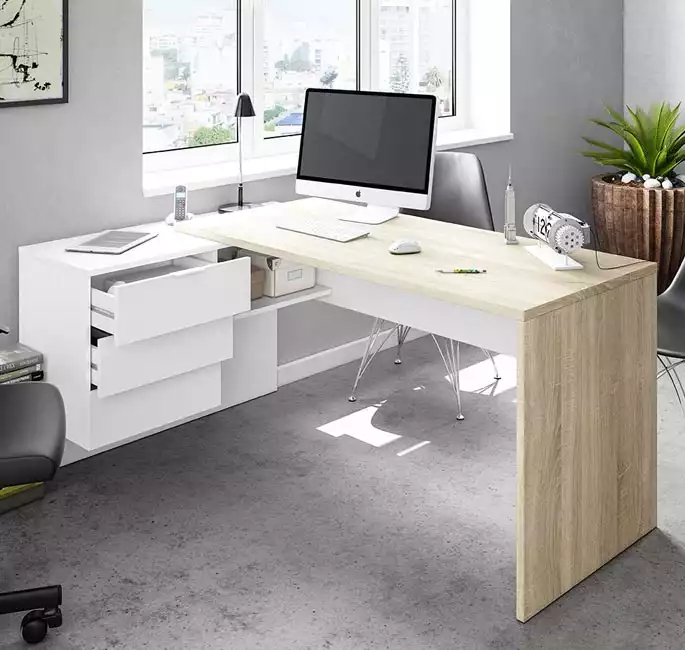 Mesa de despacho con buc modelo Deltebre en color sonoma y blanco