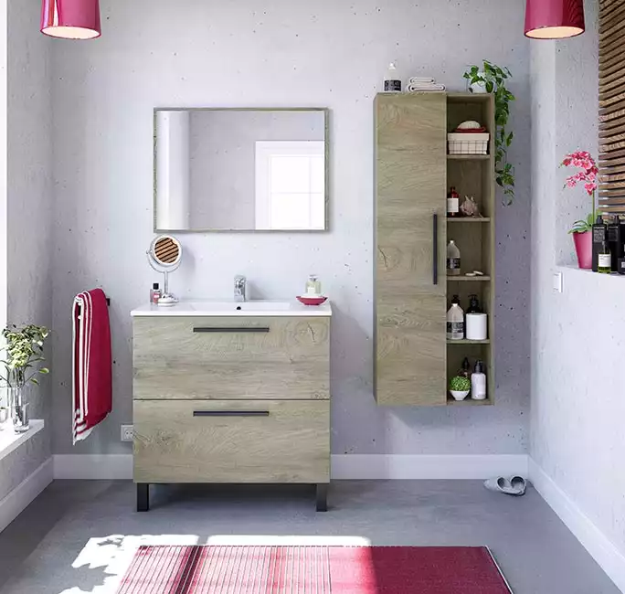 Conjunto de baño de 2 cajones + espejo + lavabo + columna modelo Verona 4 en color roble