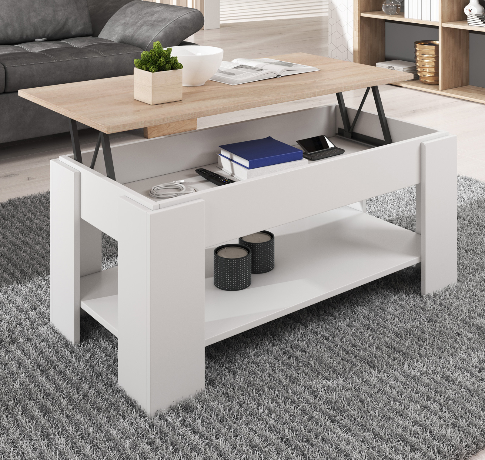 Mesa de centro elevable Nicoleta color blanco y sonoma