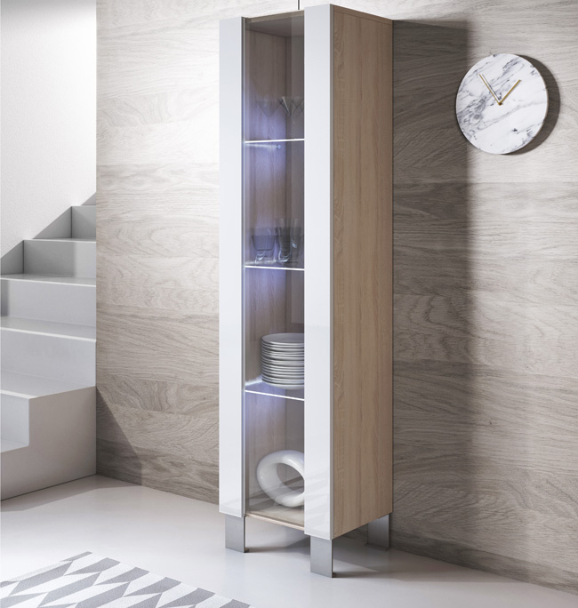 MB Muebles Bonitos | Vitrinekast voor Woonkamer Eetkamer Slaapkamer Luke V6 | Breedte 40 x Hoogte 167 x Diepte 29 cm | Melamine Wandkast | Model met Pootjes 2cm | Kleur Wit